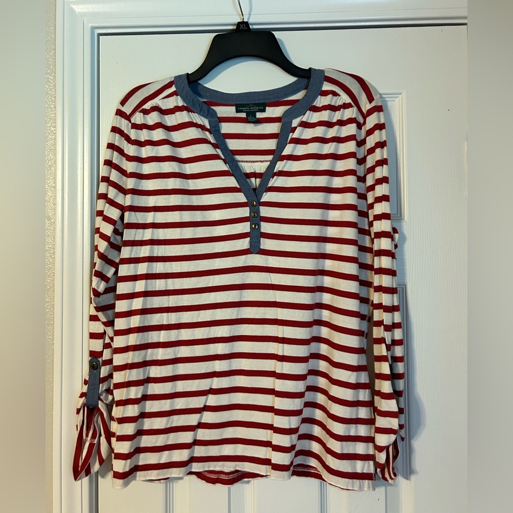 Ralph Lauren Women's Striped Top - Red and White size large